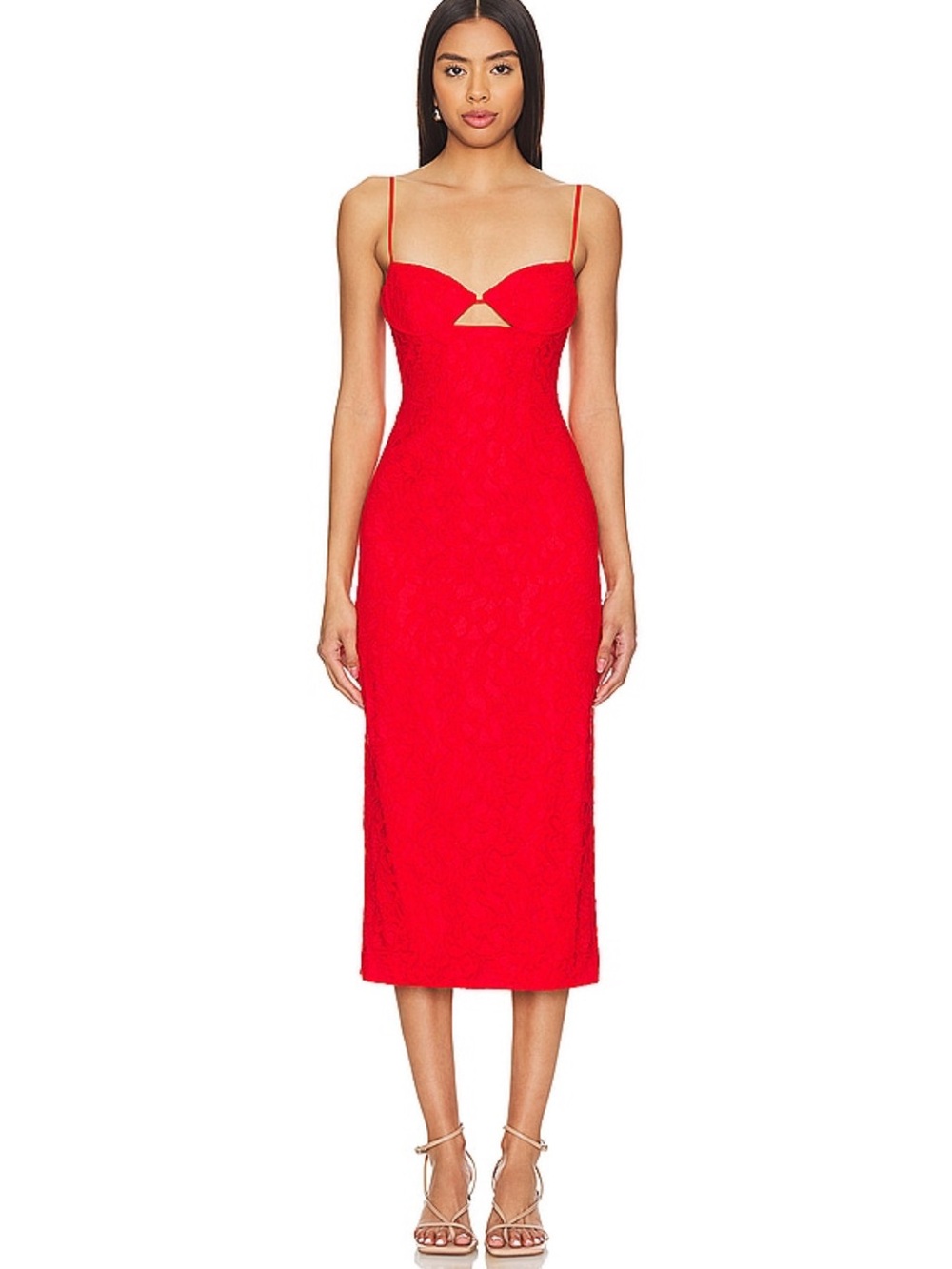 Bardot Red Spaghetti Strap Midi Dress with Front Cutout